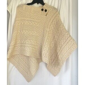 Aran Woollen Mills Cream Merino Wool Irish Cape Poncho OS Fisherman’s Knit